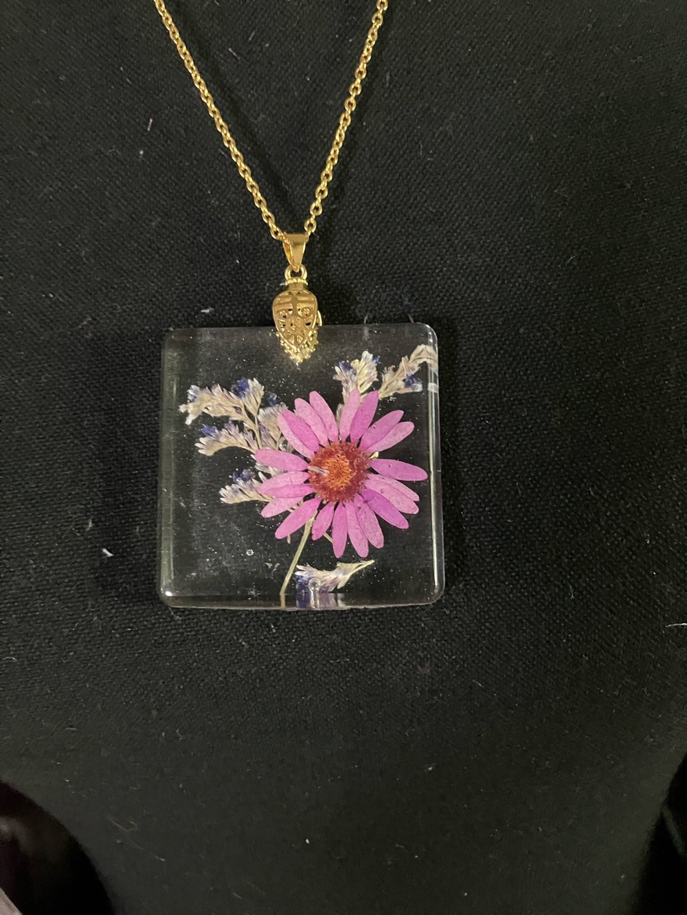 Square Resin Pendant Necklace with Pressed Pink Daisy